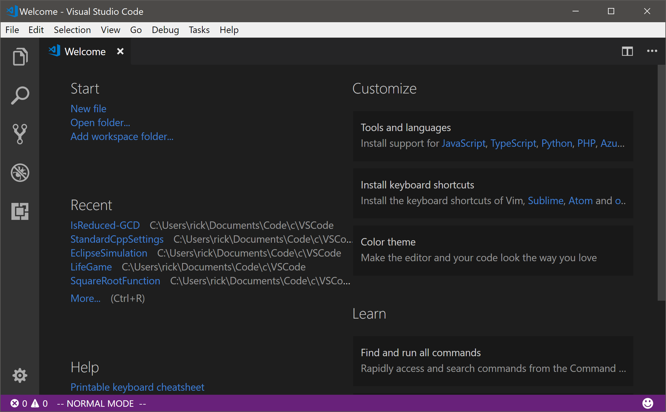 Screenshot of the Welcome view of Visual Studio Code